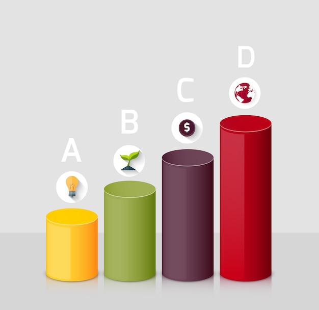 Vector diagram met 3d-grafiek. bedrijfsstrategie: idee, groei, inkomsten genereren, globalisering