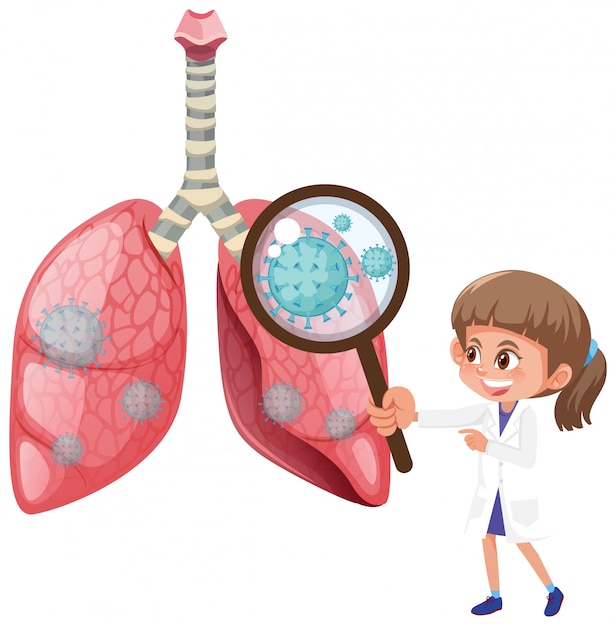 Diagram met menselijke longen met coronaviruscellen
