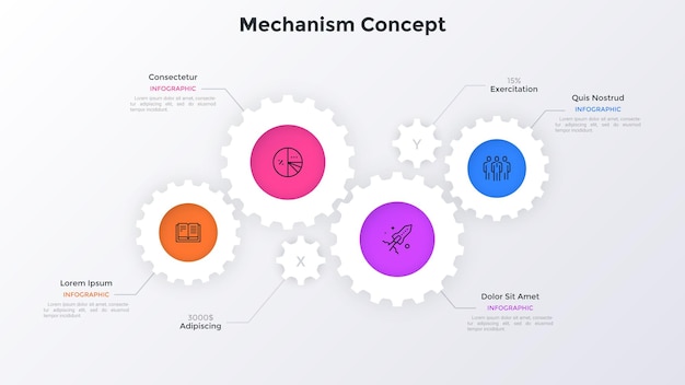 Diagram met vier papieren witte tandwielen Concept van 4 kenmerken van innovatief productieproject Minimale infographic ontwerpsjabloon Moderne platte vectorillustratie voor presentatiebanner