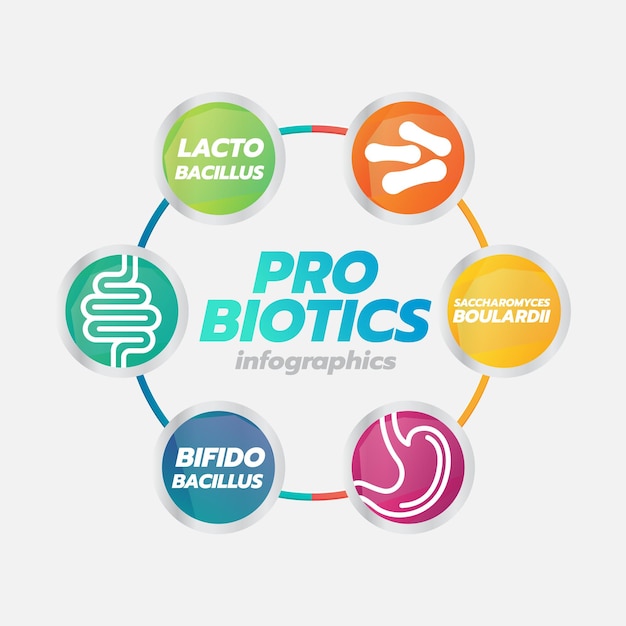 다양한 색상과 pro bioticis라는 단어가 있는 프로바이오틱스 다이어그램.