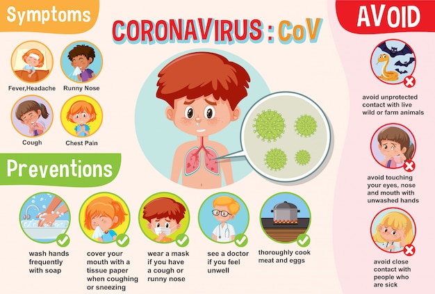 증상과 예방이있는 코로나 바이러스를 보여주는 다이어그램