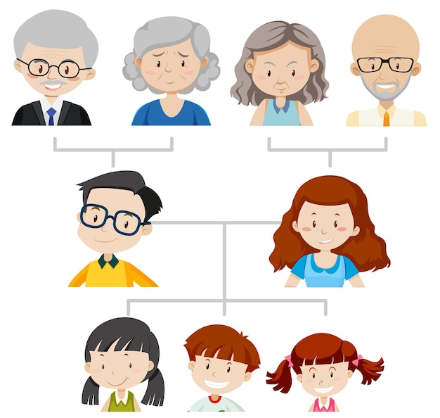 Vettore diagramma che mostra l'albero genealogico di tre generazioni