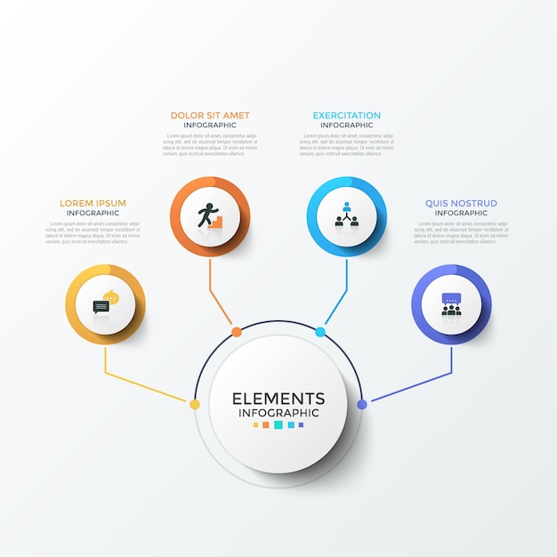 Diagramma con 4 elementi rotondi di carta bianca con icone piatte all'interno collegate al cerchio principale tramite linee. concetto di quattro funzioni aziendali. modello di progettazione infografica creativa. illustrazione vettoriale moderno.