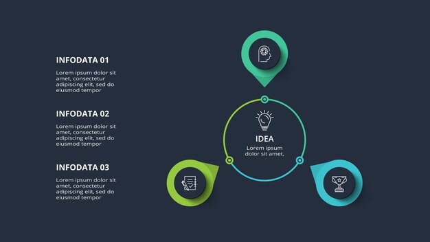 Diagramconcept voor infographic met 3 stappen opties onderdelen of processen Sjabloon voor web op een zwarte achtergrond