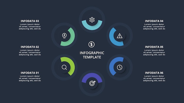 Diagramconcept voor infographic met 6 stappen opties onderdelen of processen Sjabloon voor web op een zwarte achtergrond