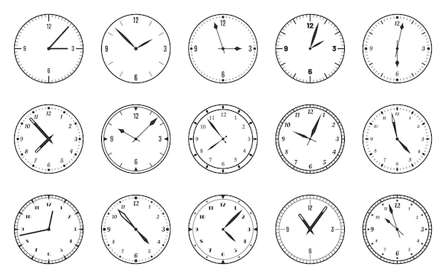 Vector dial clock face watch time circle black line set. modern wall wrist clock classic bezel arabic numeral minute second hand template management office deadline time measurement mockup isolated on white