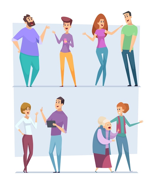 Dialogue people. Expression characters pointing top speech persons conversation crowd vector messengers talking people vector pictures. People communication group, man and woman illustration