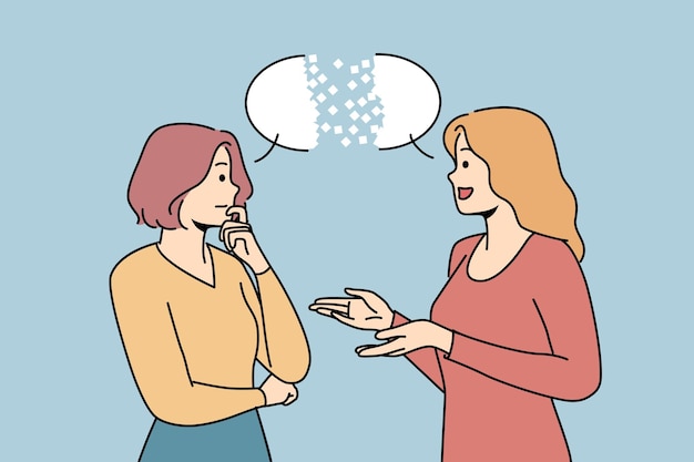 Vector dialogue between two women gossiping about plans for future standing near speech bubble
