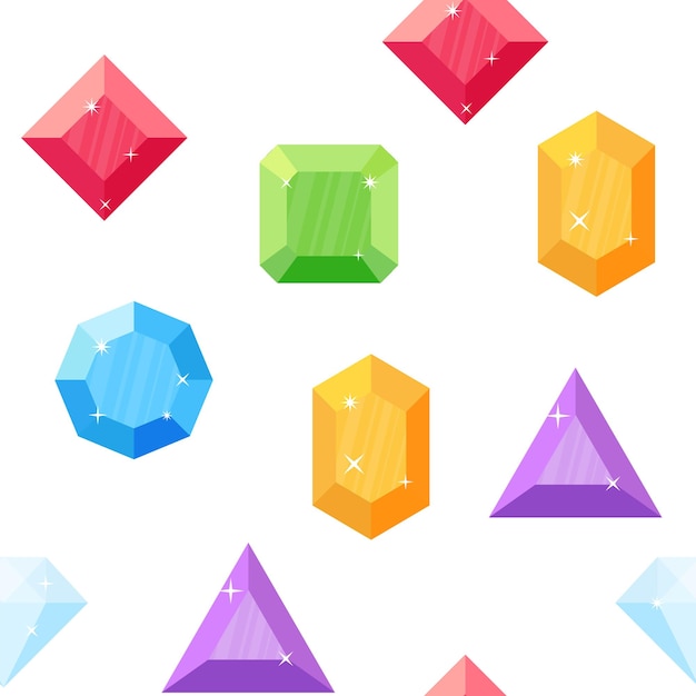 Diamanten in verschillende vormen. Naadloze patroon. Gekleurde edelstenen. Edelsteen vector. Set kristallen en mineralen in vlakke stijl.