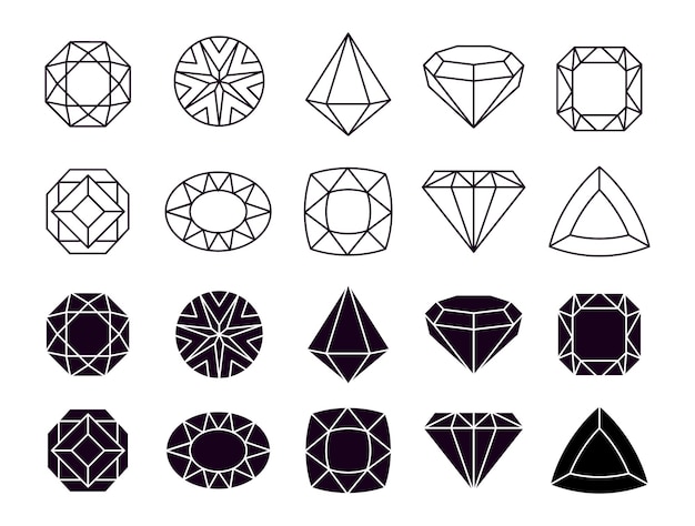 Diamanten pictogrammen. Geometrische sieraden symbolen, vormen luxe briljanten.
