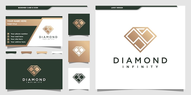 Diamantlogo met gouden gradiënt negatieve ruimtestijl en visitekaartje premium vector