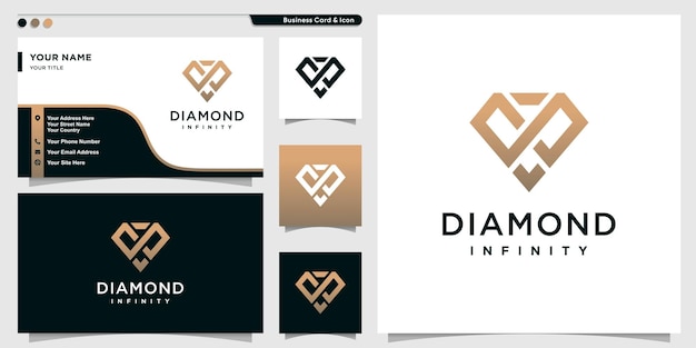 Diamantlogo met oneindigheidsconcept omtrekstijl en ontwerpsjabloon voor visitekaartjes premium vector