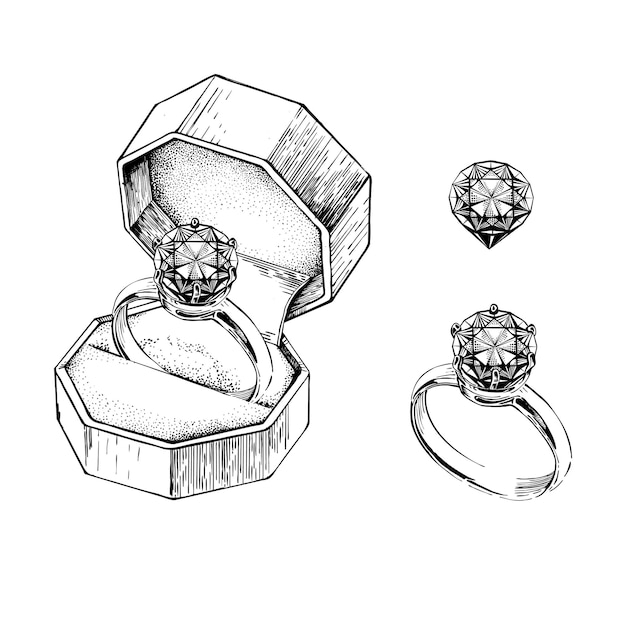 Vector diamond and emerald ring vintage engraved style hand drawn ai not used