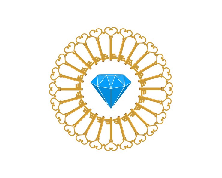 Vector diamond gem inside the circular golden key