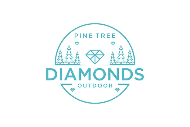 Illustrazione dell'etichetta del design del logo all'aperto del pino della pietra preziosa del diamante