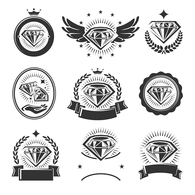 Set di etichette ed elementi di diamante icona di raccolta diamanti vettore