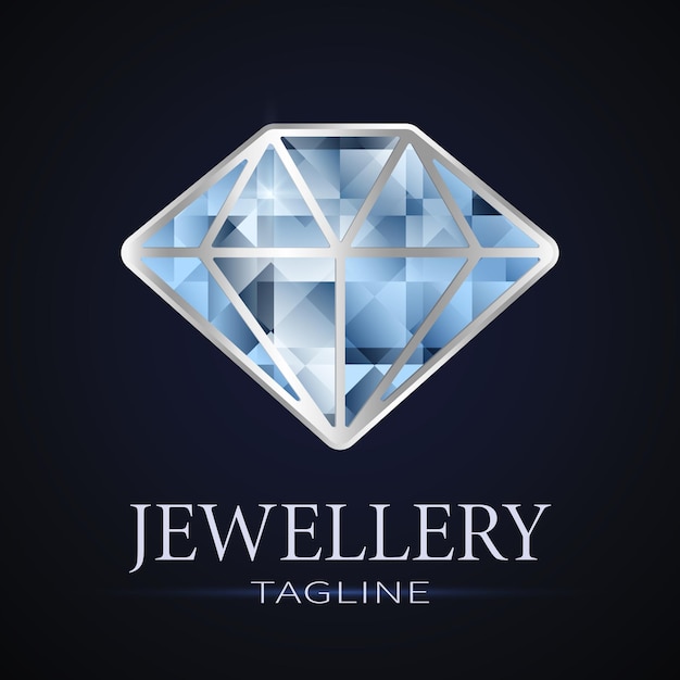 Алмазный логотип Стилизованный голубой граненый кристалл в серебряной оправе Для дизайна логотипа и брендинга