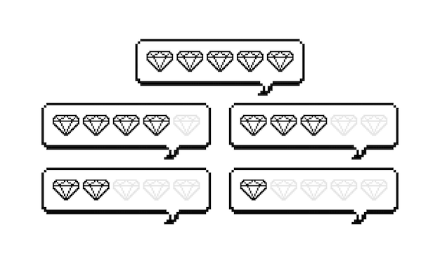 Diamond rating of pixel design. Feedback for sites, travel packages, hotels, online stores, reviews. Vector illustration.