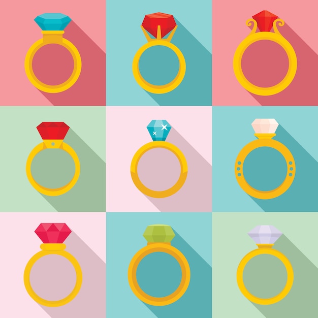 Diamond ring icons set, flat style