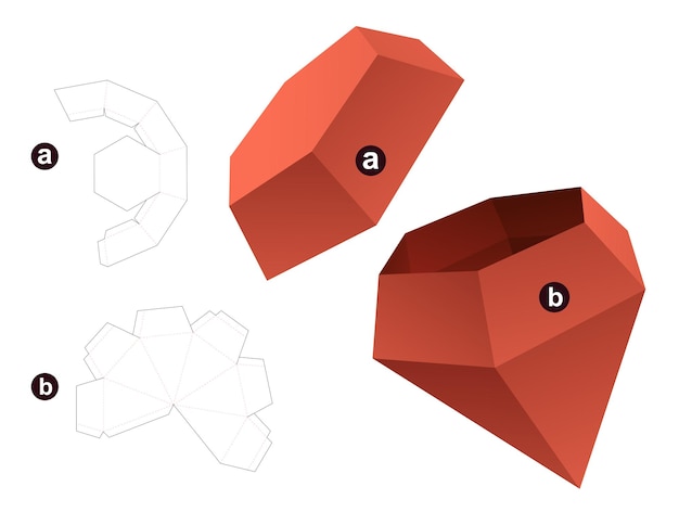 다이아몬드 모양의 상자와 뚜껑 다이 컷 템플릿 및 3D 모형