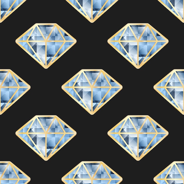 Diamonds vector seamless pattern Stylized faceted blue crystals in gold frames on black background