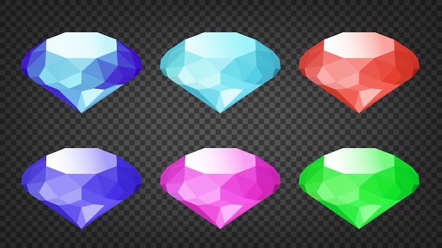 Diamonds with Many Colors Set Low Poly Glossy Vector Illustration