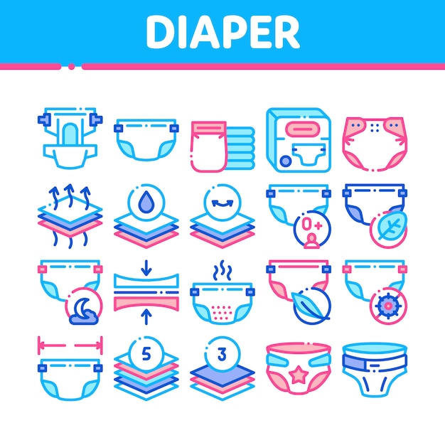 Diaper for newborn collection icons set