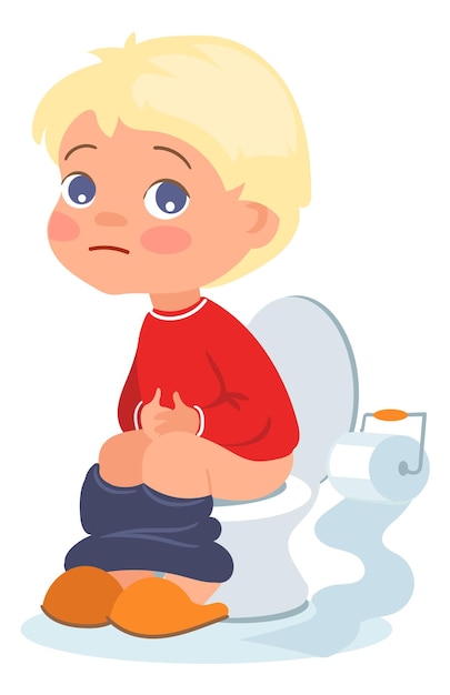 Diarhea disease Sad kid sitting on toilet Cartoon boy