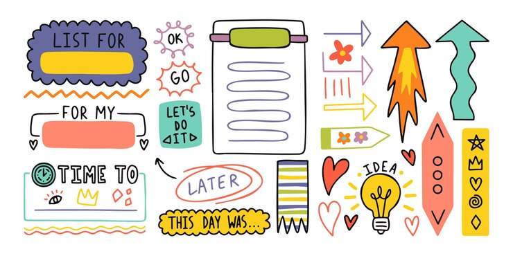 Vector diary cute note elements. hand drawn doodles bullet journal banners