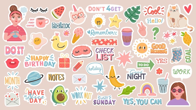Vector diary stickers. words, characters and quotes for planner journal. trendy notebook decor with girls, food and cats. daily reminder vector set as coffee cup, love letter, rainbow and light bulb