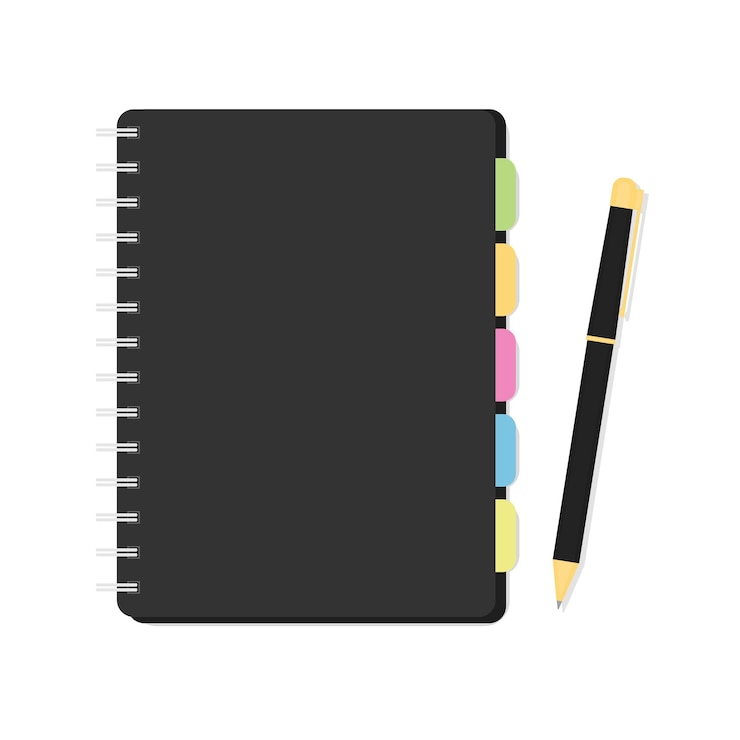 Vector diary with colored bookmarks and pen illustration