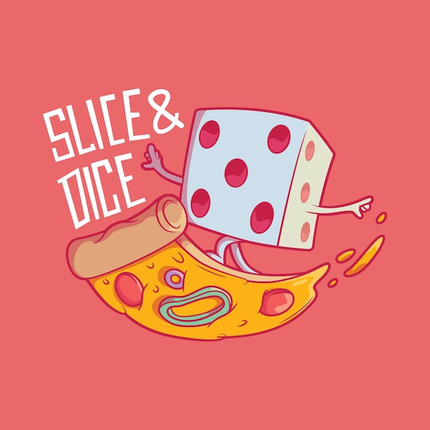 Vector dice character riding a slice of pizza vector illustration. food, funny, game vector illustration.