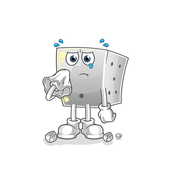 Dice cry with a tissue. cartoon mascot vector