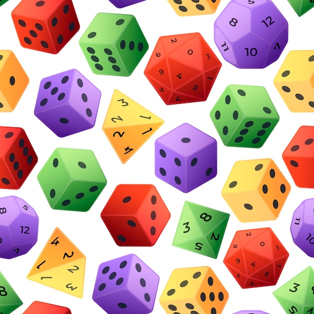 Dice pattern Seamless print of gambling and role playing board game dices of various sides Vector polyhedral gaming accessory texture