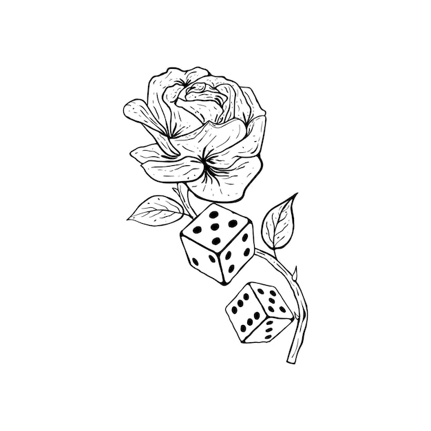 Dice rose black and white hand drawing illustration vector