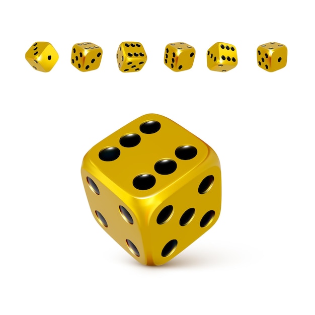 Vettore dado. set di craps dorati o gialli 3d con punti neri. gioca al casinò e vinci il jackpot. illustrazione vettoriale