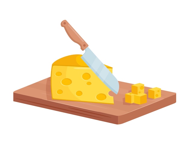 Diced cheese on wooden board while cooking food process kitchen knife chopping