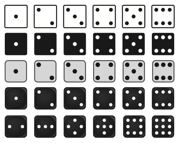 Dadi gioco d'azzardo in bianco e nero. cubetti di poker bianchi. muore tradizionale. sei facce del cubo. diverse varianti numeri di punti