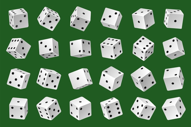 Modello di dadi. gioco d'azzardo cubi 3d bianchi con semi neri diversi angoli e combinazioni, generatore di numeri casuali del casinò online. 24 variazioni di dadi di perdita. vettore realistico isolato sul set verde