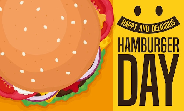 Dichtbij zicht op een hamburger en een lachend bord voor Hamburgerdag