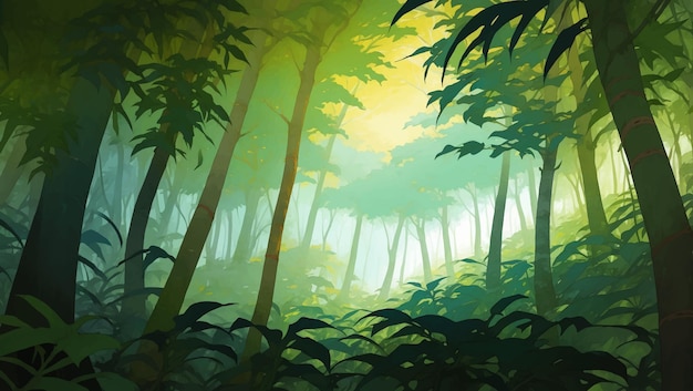 Dichte jungle regenwoud natuurlandschap gedetailleerd met de hand getekend schilderij illustratie