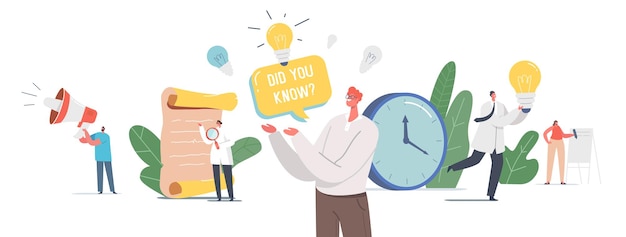 did you know megaphone announcement. tiny characters with loudspeaker and light bulb explain interesting facts of commercial product, promotion, ads information. cartoon people vector illustration