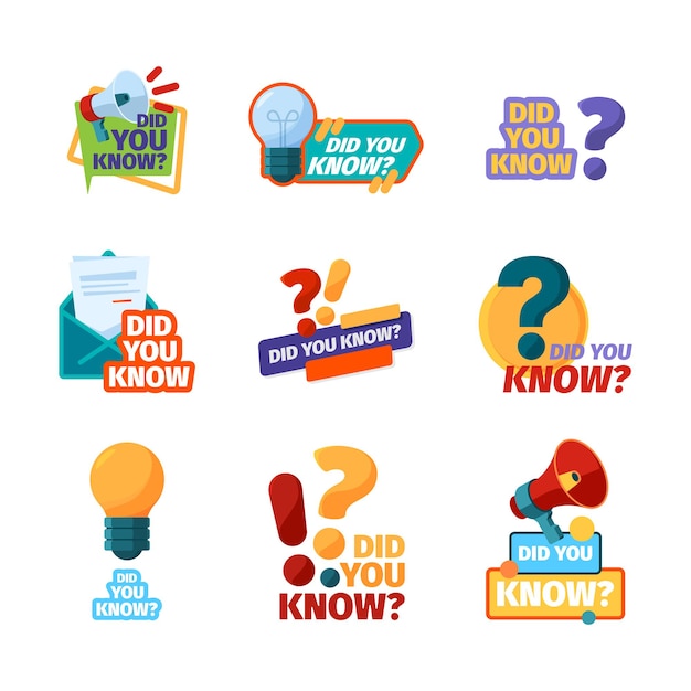 Vector did you know. promotional badges with talking phrase discourse labels with megaphone flat pictures garish vector templates collection isolated. illustration promotion knowledge, advice and question