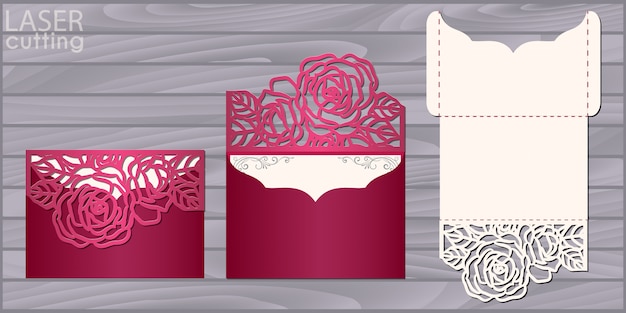 Vector die laser cut wedding card  template. invitation pocket envelope with roses pattern. wedding lace invitation