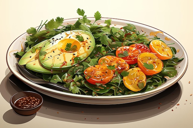 Vector dieetmenu gezonde salade van verse groenten, tomaten, avocado, rucola-ei