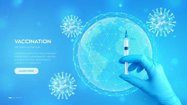 Dien medische blauwe handschoen in met injectiespuit met vaccin. COVID-19 coronavirusvaccin. Vaccinatie- of immunisatiecampagne. Bol, wereldkaart. Stop pandemisch concept. Vector illustratie.