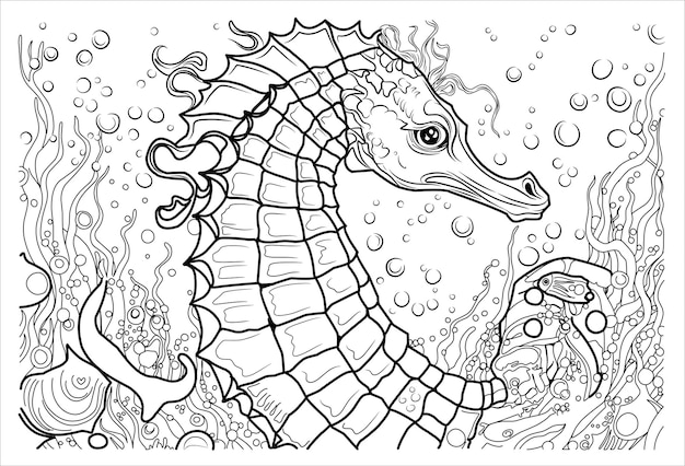 Vector diepzeepaard kleurplaat pagina cartoon zeepaardje portret lineaire afbeelding voor kleurboek