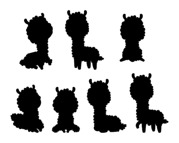 Vector dier alpaca lama collectie silhouetten geïsoleerde zwarte tekeningen vectorillustratie