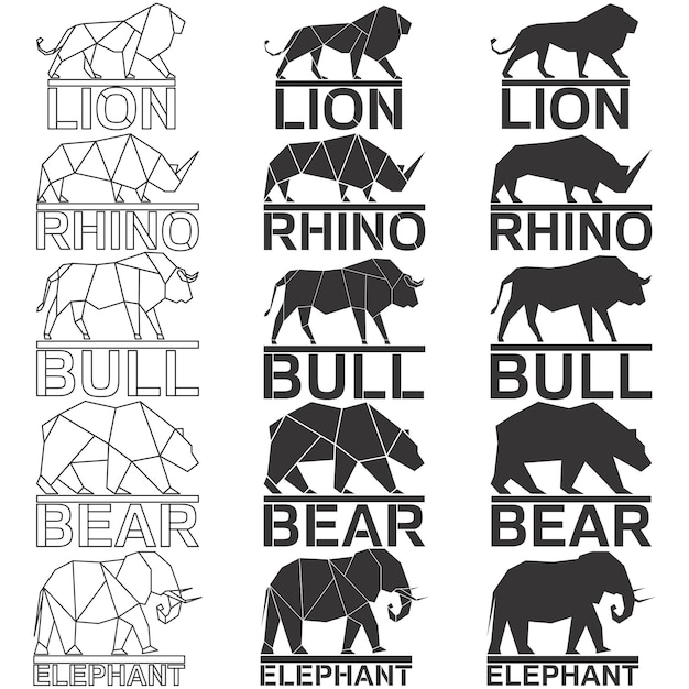 Dier logo set Leeuw neushoorn neushoorn stier beer olifant geometrische lijnen silhouet geïsoleerd