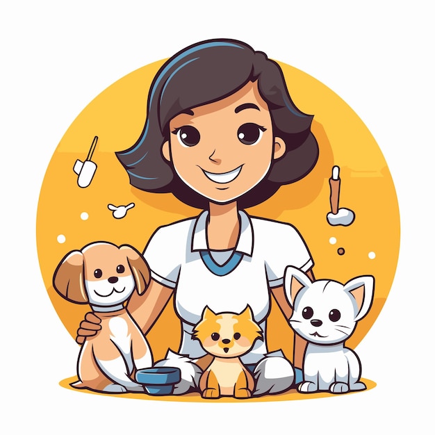 Dierartsmeisje met katten en honden cartoon vector illustratie grafisch ontwerp